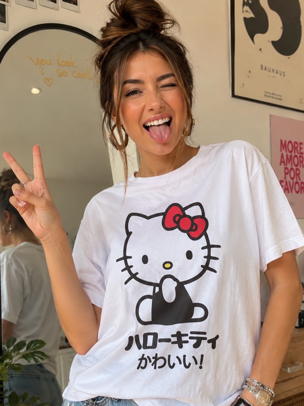 Hello Kitty Cream Tee with Black Patch and Red Bow